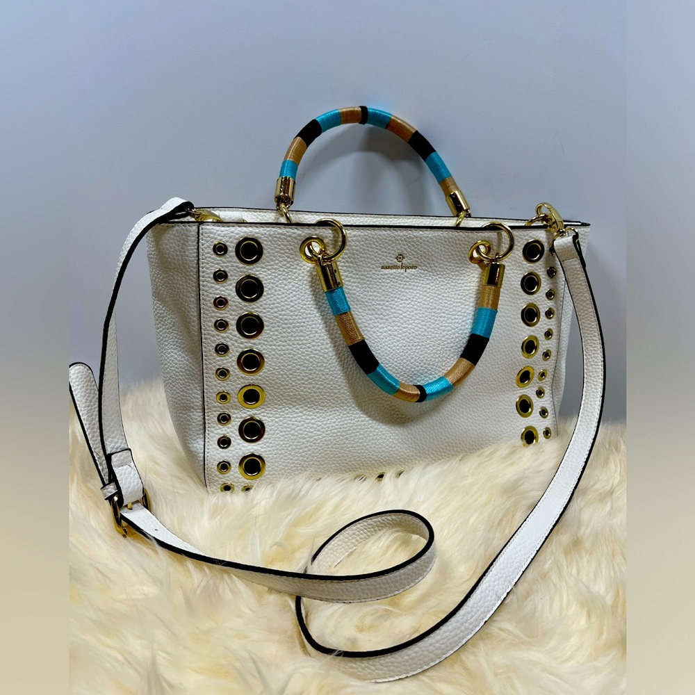 Nanette Lepore White Vegan Leather Satchel /Crossbody Thread Wrapped Handels